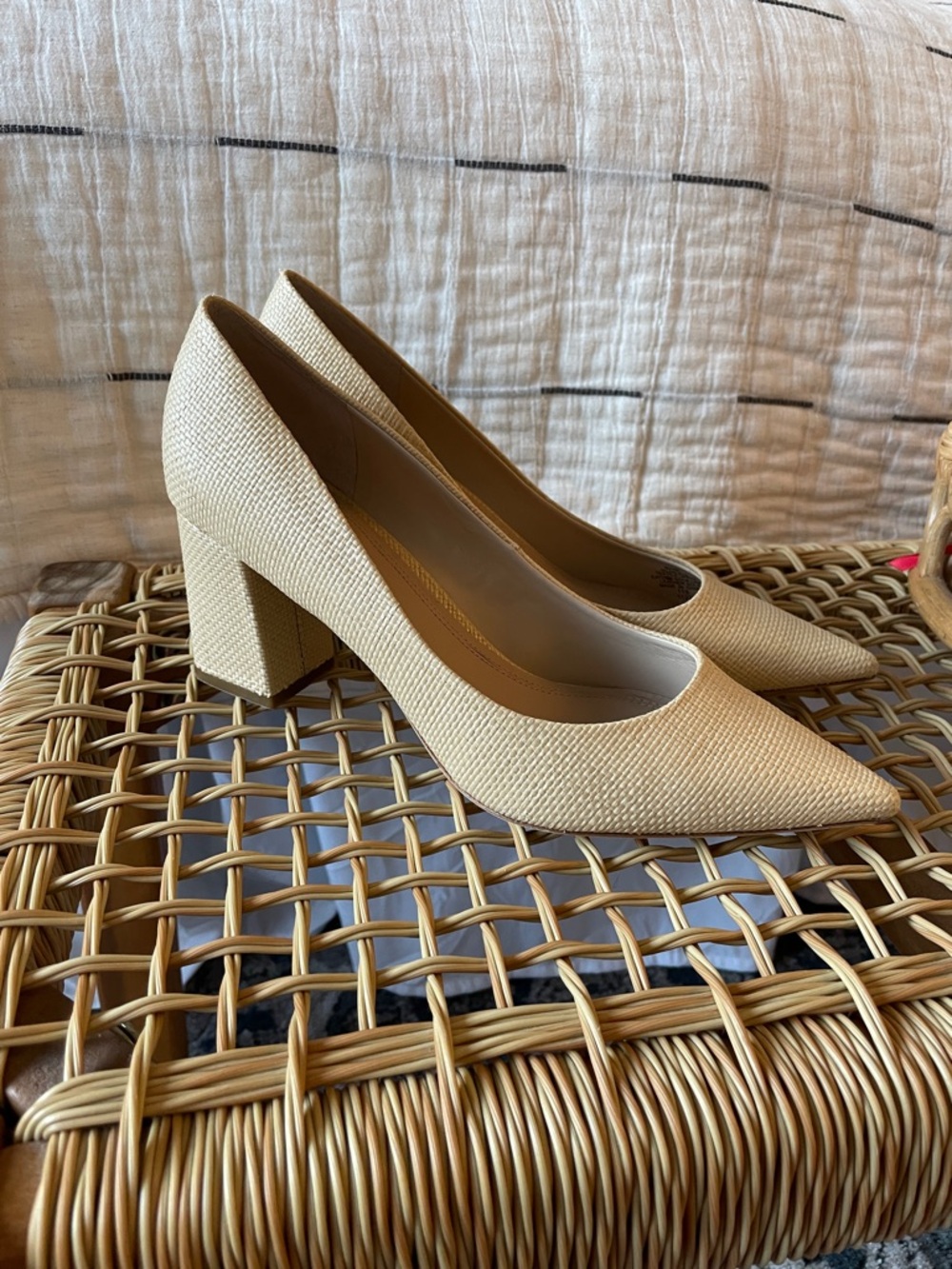 Textured Pointed Block Heel Pumps in Cream